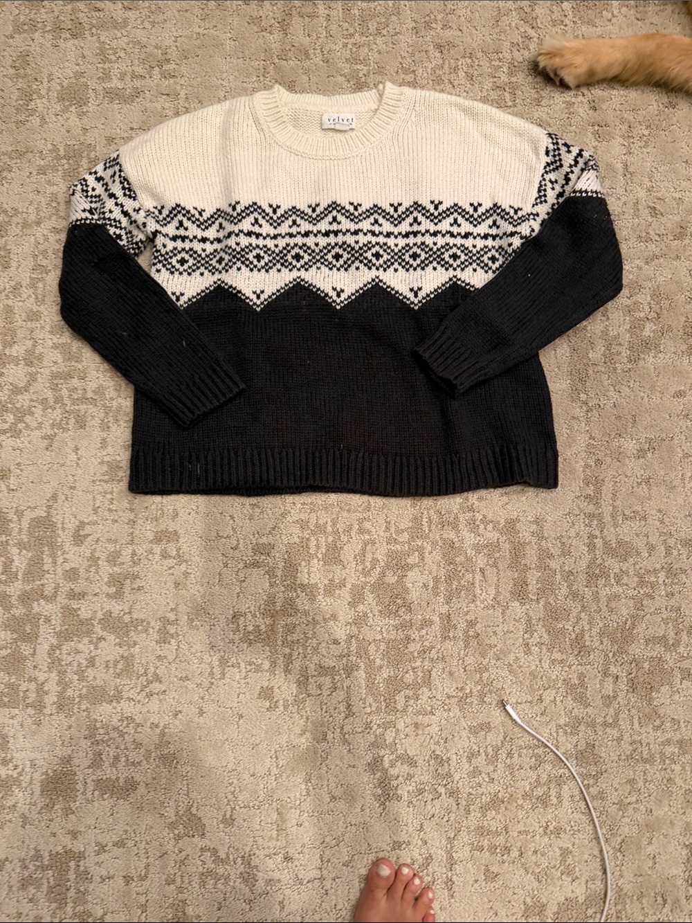 Velvet by Graham & Spencer Black & Cream Fair Isle Crewneck Sweater